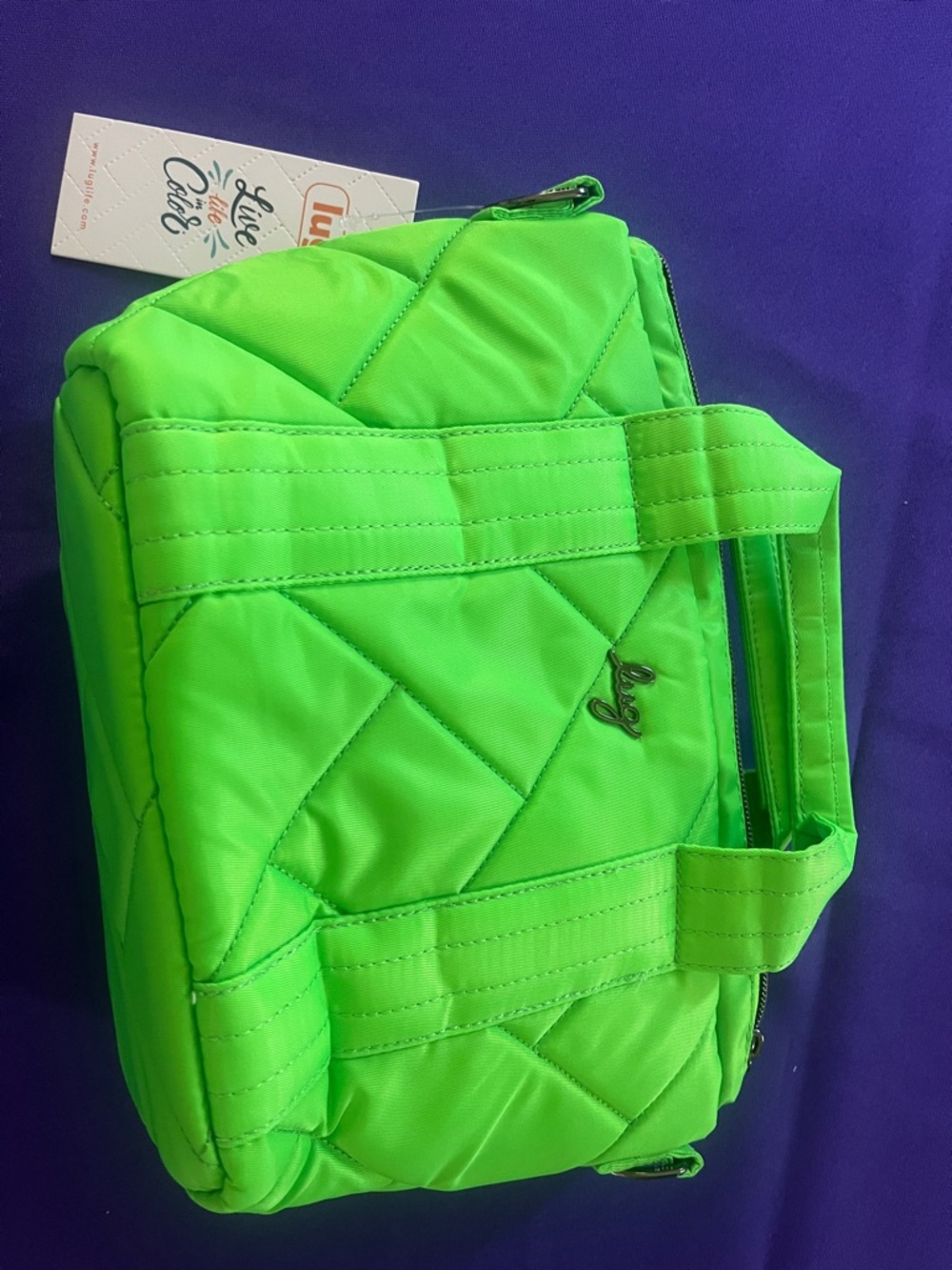 Lug Lime Green Quilted Dory Mini with brushstroke  Interior.  Key bungee